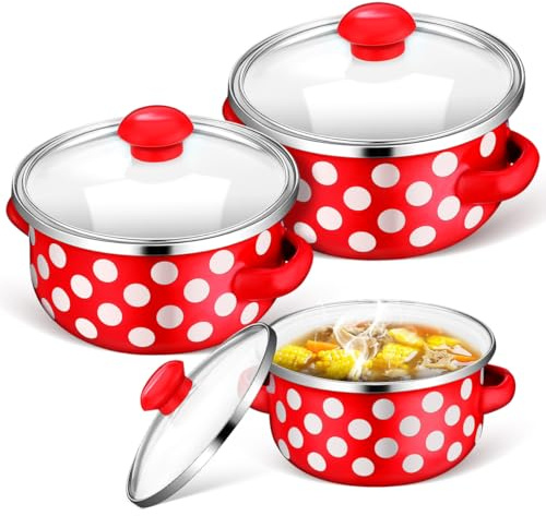 VALICLUD 1 Set di Piccole pentole smaltate con Coperchio, Set di Pezzi Rosso con Pois, maneggevoli e Resistenti al Calore, per zuppe e stufati da Cucina