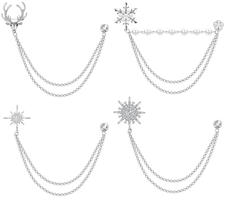 Kiiwah 4 Pièces Broche Épinglette Chaîne, Collier Pins Badge Chaîne Pins Broches Habillées Strass Cravate Pins pour Femmes Hommes Costume Accessoires Décoration Noël
