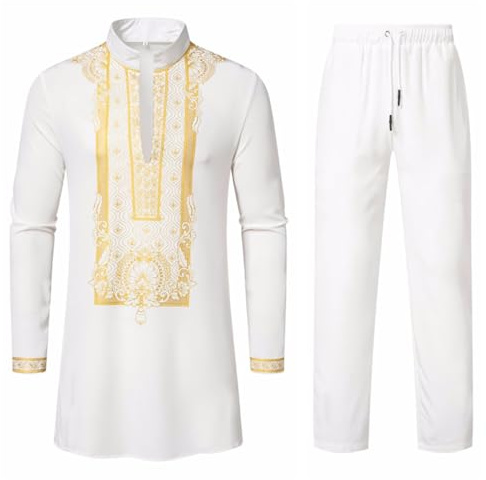 Conjunto africano de 2 piezas para hombre, con cremallera, camisa y pantalones metálicos dashiki nigerianos, estampado con sello dorado, traje tradicional largo, túnica de manga larga con pantalones
