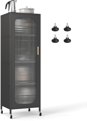 COSTWAY Tall Kitchen Cupboard, 5-tier Buffet Pantry Storage Cabinet with Adjustable Shelves, 2 Base Options, Semi-Transparent Door & Anti-tipping Device, Freestanding Narrow Sideboard Unit (Black)