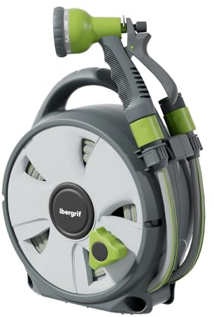 Ibegrif M22220, Enrollador de manguera de jardín, Portamangueras 10 m, Gris/Verde