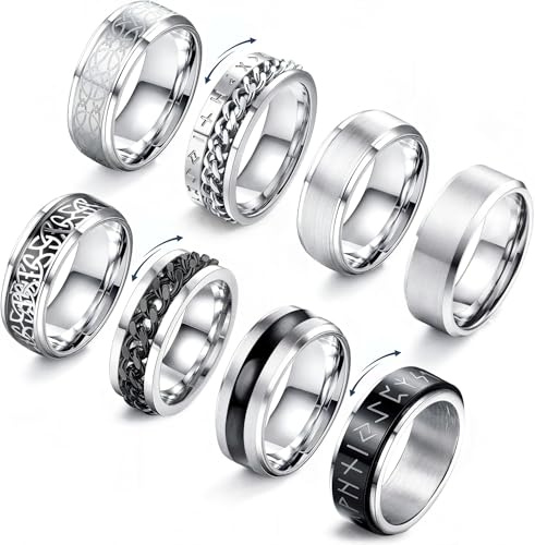 JeryWe Anillo Hombre Acero Inoxidable 8 Piezas Anillo Antiestres Hombre Anillos Negro Plata Cadena Celta Vintage Compromiso Promesa Anillos de Boda para Hombres Mujeres Tamaño 14-30
