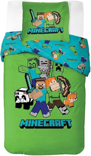 Minecraft barnsängkläder | påslakan 140 x 200 cm + örngott 50 x 70 cm, 100 % bomull | mjukt, färgglatt och vändbart set | Classic Minecraft-design