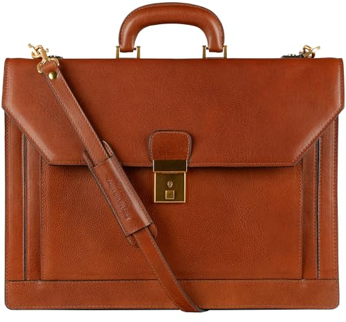 Time Resistance Maletín Para Hombres Hecho de 100% Cuero - Hecho a Mano en Italia - Bolso de Trabajo - Bolso de Negocios - Bolso de Hombro Marrón Coñac
