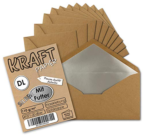 50 Stück Silber gefütterte Vintage-Umschläge DIN Lang 110 x 220 mm Kraft-Papier braun Recycling Nassklebung - UmWelt by GUSTAV NEUSER