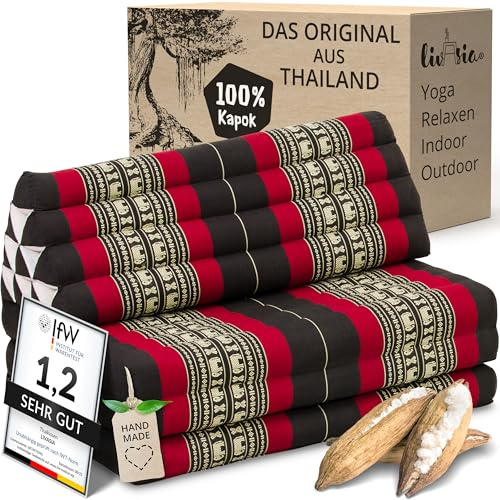 livasia Thai cushion with 3 seat rests for couples - 75x31x3.1″ - XXL, Triangle cushion with folding mattress, Extra wide, kapok, Back support cushion, Thai mat, folding (Black/Elephants)
