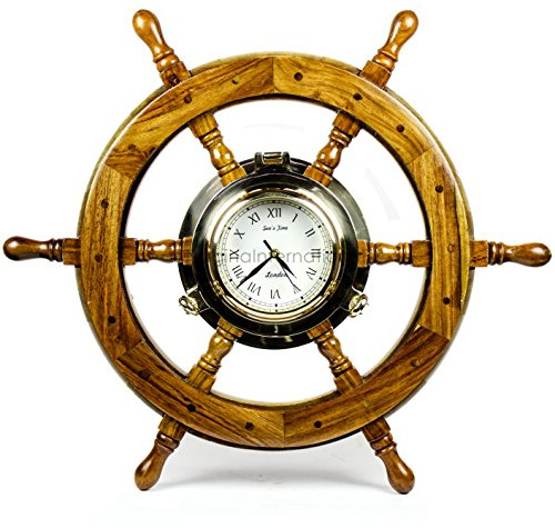 Nagina International Premium Nautical Home Decor Polystone Pirate's Porthole Clock Ship Wheel (18 Inches)