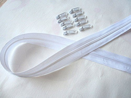 5m Reißverschluss endlos, Spirale 3mm + 15 Schieber/Zipper 32 Farben, Meterware (Weiß)