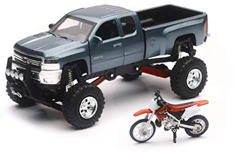 New-Ray Chevrolet 4x4 Gray Silverado Pickup Truck w/Working Suspension and Honda Dirt Bike