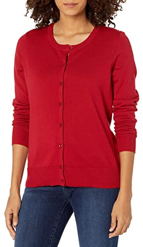 Amazon Essentials Gilet Col Rond Léger (Grandes Tailles Disponibles) Femme, Rouge, S