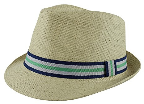 Paek 2 Peak Unisex Kids Straw Trilby Fedora Cap Felt Fedora Hat Short Brim Sunhat (Boys, Navy,White and Green Band)