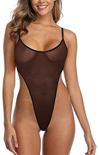 SHERRYLO genomskinlig baddräkt högt skuren mikromonokini bikini mini nät transparent baddräkt, Svart, S
