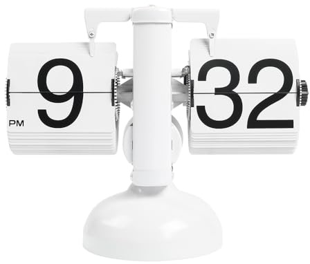 mooas Flip Desk Clock (White), Retro Vintage Design Auto Flip Clock Desk Clock Table Clock Large Number Battery Powered Internal Gear Operated Home Décor Ideal for Home Office School Hotel Café