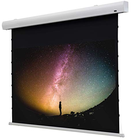 celexon HomeCinema Tension-Motor-Leinwand 135 | 300x169 cm 16:9 | elektrische 4K, Full-HD Beamer-Projektions-Leinwand mit Seilspannsystem für eine optimal Ebene Planlage | zur Decken-/Wand-Montage