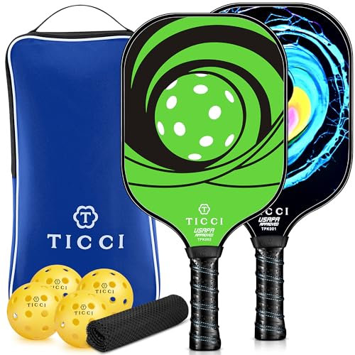 Ticci Pickleball-Schläger-Set, 2 hochwertige Graphit-Schläger, Wabenkern, 4 Bälle, ultra gepolsterter Griff, tragbare Schlägerhülle, Tasche, Geschenk-Set für Männer, Frauen, Kinder, drinnen und