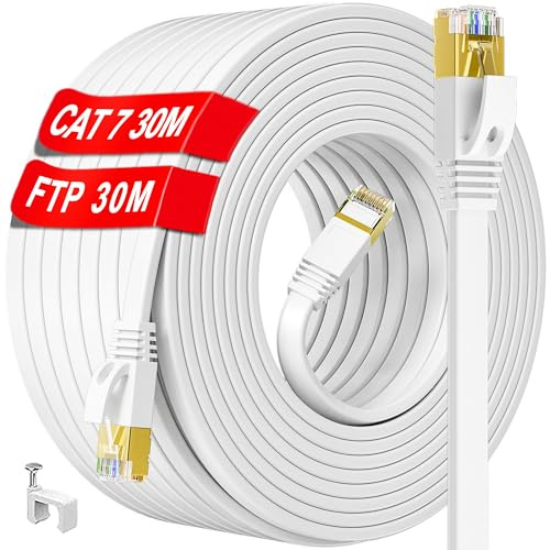 Cable Ethernet 30 metros, Plano Cat 7 RJ45 Cable de Red 30 metros Blindado, Cable Internet Alta Velocidad 10Gbps 600MHzs, Blanco Cable LAN Exterior Interior STP Gigabit, para Router Módem (30 Clips)