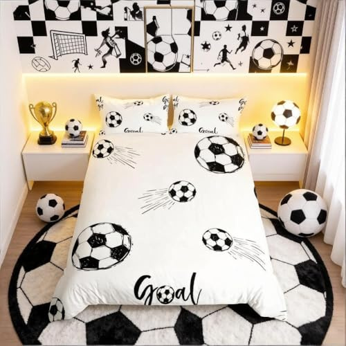 Loussiesd, Set con copripiumino con motivo pallone da calcio per bambini, ragazzi e uomini, tema sportivo, biancheria da letto con motivo con palla da calcio per bambini, uomini, nero e bianco