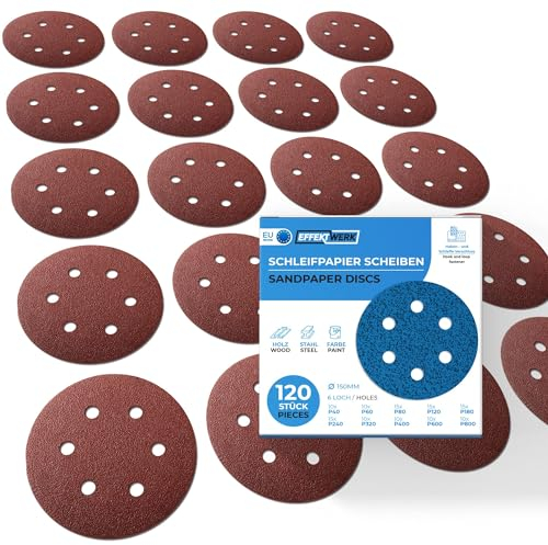 EffektWerk Schleifscheiben (120er-Pack, 6 Löcher), 150 mm Schleifpapier mit mehreren Körnungen (40, 60, 80, 120, 180, 240, 320, 400, 600, 800)