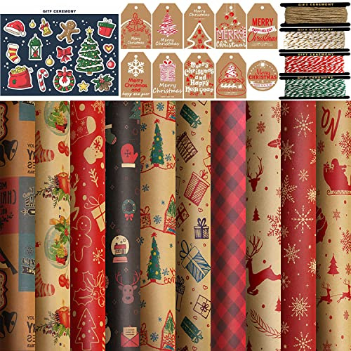 FullJoyHut Ensemble Papier Cadeau de Noël con 10 Feuilles Pour Emballage, Motif Renne Flocons 10 Étiquette Cadeau Papier Kraft 4 Rouleaux di Cordes Cadeaux pour Présent