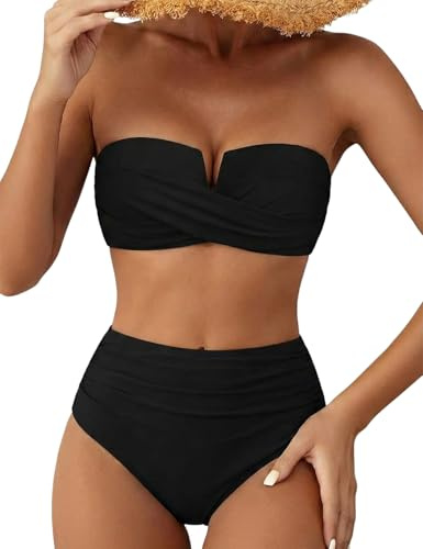 Hilor Black Bikini Swimsuits for Women Halter Push Up Bathing Suit Set High Waisted Two Piece Bandeau Swimwear 6