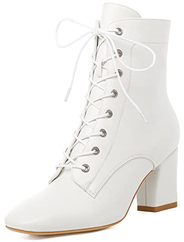 SEIFIN Women's Square Toe Chunky Heels Ankle Boots Block High Heeled Lace Up Side Zipper Short Booties Shoes(White,us 7.5)