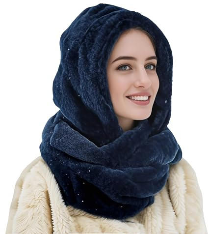 Lina & Lily Faux Fur Hood & Infinity Scarf Combo Winter Head Neck Wrap for Women Men (Navy Blue)