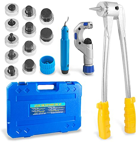 WiseWater HVAC expananderkit för slangar, rörswaging set innehåller 3/8 tum till 1-5/8 tum expanderhuvuden, rörskärare, brotsch, avgradningsverktyg för mjuk koppar, aluminium, mässingsrör