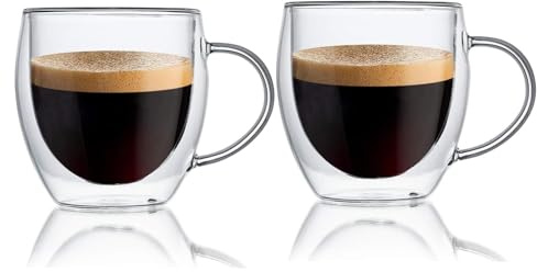 Espresso Cups Set Of 2 8 Oz, Double Walled Glass Coffee Mugs with Handle,Insulated Layer Coffee Cups,Clear Borosilicate Glass Mugs,Perfect for Cappuccino,Tea,Latte,Espresso,Hot Beverage,Wine