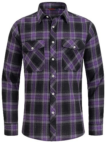 J.VER Kariertes Hemd Flanellhemd Herren Langarmhemd Normal Passform Arbeitshemden Motorrad Biker Outdoor Modern Shirt mit Taschen,Lila Grau Schwarz,4XL