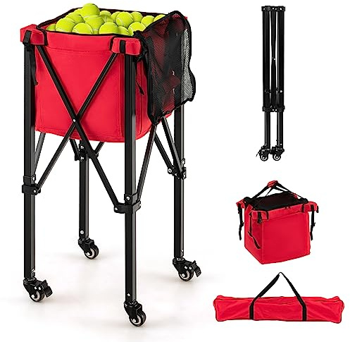 COSTWAY Carro Plegable para Pelotas de Teni, Carrito Recogepelotas, Cesta Ligera de Aluminio con Ruedas para Pelotas de Tenis, Bolsillos Laterales/Bolsa de Transporte,150 Pelotas (Rojo)
