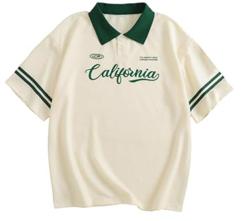 Verdusa Women's Rugby Shirt Short Sleeve Jersey Shirts Collared Oversized Tshirts Y2K Vintage Graphic Tees Preppy Outfits Beige Medium