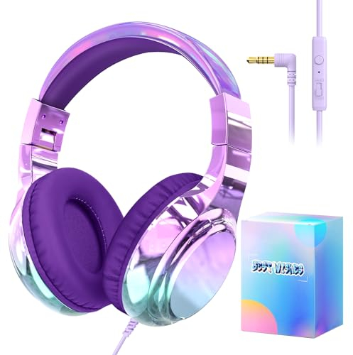 JYPS Auriculares para Niños, Auriculares Niña con Cable y Microfono, Ajustable Plegable Cascos Niña, 85/94dB Limitador Volumen, Cascos Infantiles Diadema para iPad/PC/Phone (Morado Oscuro)