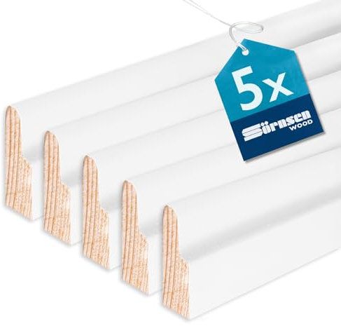 Sörnsen Wood Sockelleiste Kiefer – 8x28x2400 mm, 5 Stück hochwertige Fußleisten mit Karnies-Profil – weiß RAL 9016 lackiert und damit extra langlebig