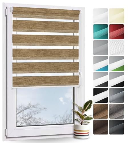 Rollmayer Doppelrollo Klemmfix ohne Bohren Klemmrollo Fensterrollo (Holzlook Gold 80 x 130 cm BxH) Duo Rollo Sonnenschutzrollo Zebrarollo Seitenzugrollo für Fenster und Tür