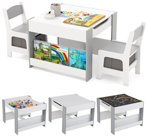 LIFEZEAL Kindertisch mit 2 Stühlen, 3 in 1 Maltisch & Aktivitätstisch & Tafeltisch mit Kinderstuhl, Multifunktionale Kindersitzgruppe Sitzgruppe Holz mit Stauraum (Grau)