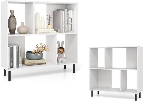 KOMFOTTEU Libreria Aperta con 4 Scomparti, Libreria a Cubi in legno con Dispositivo Antiribaltamento, Gambe in Metallo, Arredamento Casa, Scaffale da Ufficio, 90 x 30 x 90 cm (Bianco)