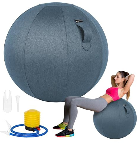 Leogreen Stoff-Sitzball 65cm Ergonomisch Sitzmöbel, Gymnastikball Sitzen im Büro Zuhause Ballstuhl mit Tragegriff und Bodenring für Schwangerschaft mit Waschbarer Stoffbezug, Blau