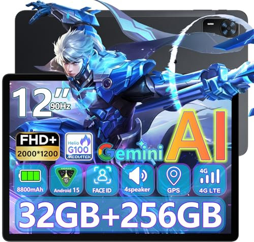 DOOGEE Tab E3+ Tablet 12 Pulgadas Android 15, Octa-Core Helio G100 Gemini AI,32GB+256GB/2TB TF,8800mAh, 4G Dual SIM Tablet Gaming, 13MP+5MP, WiFi 5G/GPS/OTG/Face ID/Jack 3.5mm/4 Altavoces Cuádruples