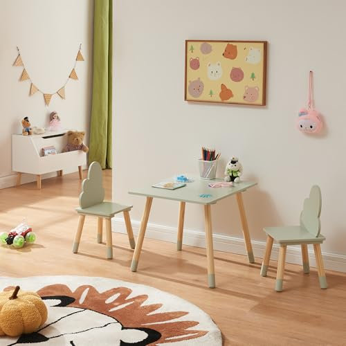 [en.casa] Kindertisch mit 2 Stühlen Hovle Spieltisch Kinderstühle mit Rückenlehne in Wolken-Form Kindersitzgruppe Kindermöbel Maltisch für Kinder Holz Mintgrün