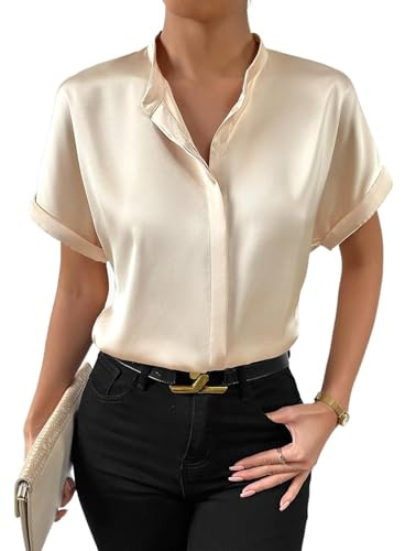 MINTLIMIT Satin Blouses for Women Short Sleeve Button Down Shirt Stand Collar Tops Casual Work Office Silk Shirts