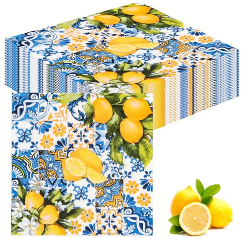 40 stycken plattor citronservetter papper, servetter citronmotiv blå gul engångs servetter 33 x 33 cm perfekt för födelsedagar, fester, vår, bröllop, bordsdekoration, nattvard och fester