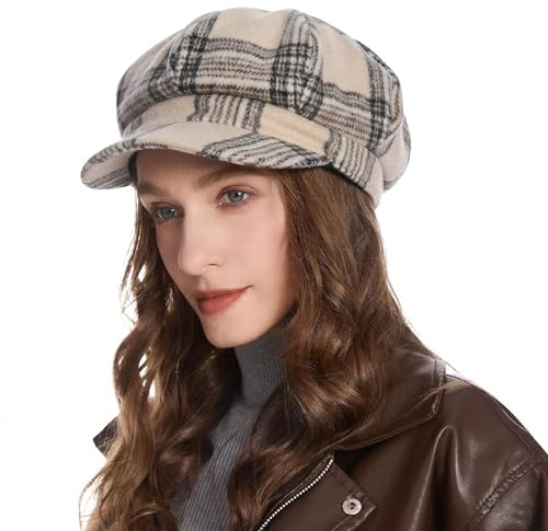 ZYLC Casquette chaude à visière Béret Bonnet d'hiver Bonnet ballon Design classique, Motif tartan beige, taille unique