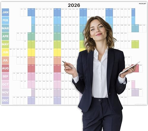 PACKLIST® Calendario da Parete 2026 XXL (84x60 cm) – Planner Annuale A1 con Layout a Colonne (Settimane Centrate) – Carta Premium 160g – Spedito Piegato (Senza Plastica) – Organizer Ufficio e Casa