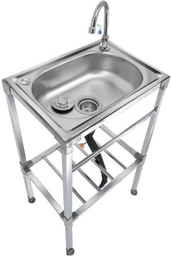 Fregadero de jardín portátil de acero inoxidable independiente de 42 x 37 x 83 cm, cuenco individual móvil multifuncional con grifo para camping, restaurante, bar, gara, lavandería, cuarto de servicio