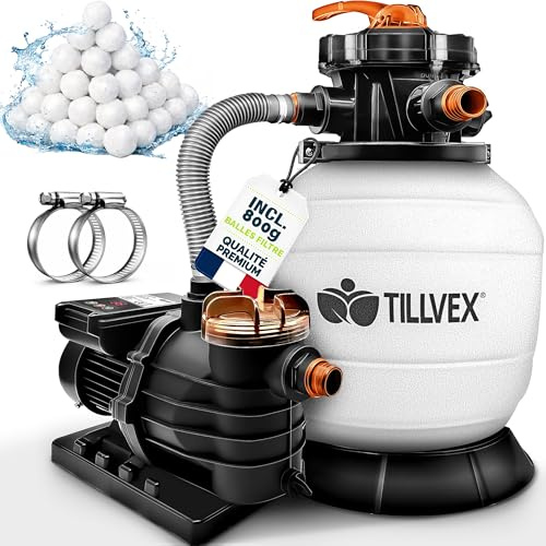 tillvex Pompa Filtro Piscina Portata 10m³/h + 800g Filtro Balls | 7 funzioni | Filtro Piscina con indicatore Pressione | Impianto filtrazione Sabbia per Piscine e vasche (Bianco/Arancione con Timer)