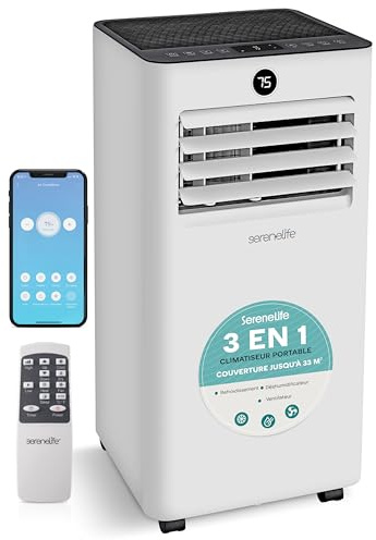 SereneLife luftkonditionering, portabel AC 7000 BTU, WiFi, tyst drift, bärbar, kylning, avfuktning och fläkt, 24-timmars timer och fönsterkit, för hem och kontor
