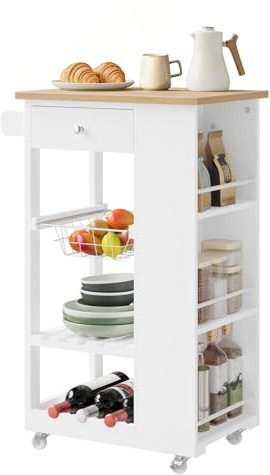 WOLTU Carrello Cucina con Cassetto, Cestino, Portabottiglie e 3 Ripiani Laterali, Mobiletto Salvaspazio con Ruote Girevoli, per Cucina, Sala da Pranzo e Soggiorno, Colore Bambù + Bianco