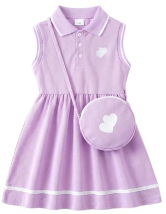 FishingDino Robes d'été pour filles de 3 à 10 ans, robe polo sans manches à smocks pour enfants avec sac à bandoulière et boutons, vêtements pour petite fille avec imprimé cœur, rose, 9-10 ans