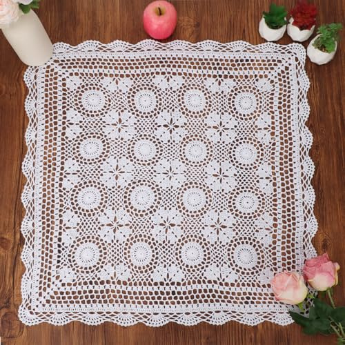 kilofly Handmade Crochet Cotton Lace Table Placemats Sofa Doilies, Square, White, 27 inch
