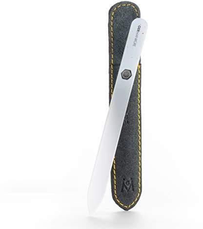 GERMANIKURE Czech Crystal Glass Nail File in Suede Leather Case - Original White Branded - Professional Manicure & Pedicure Products for Smooth Easy Shaping of Natural Nails